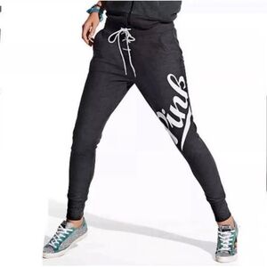 Victoria's Secret Womens Pink Black Sweat Pants Joggers Lace Up Logo Size XS